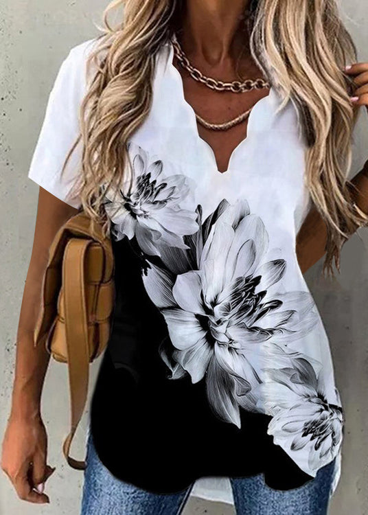 Printed Shirt printing short sleeve V Neck Waves Tops Black White Colour