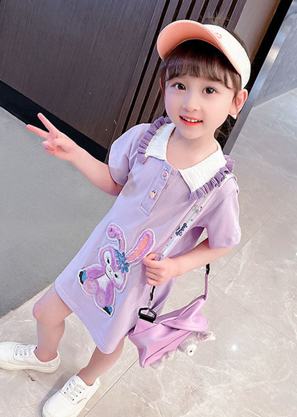 Purple  Patchwork Cotton Baby Girls Dress Ruffled Summer