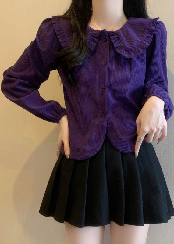 Purple Button Corduroy Blouse Peter Pan Collar Spring