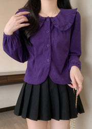 Purple Button Corduroy Blouse Peter Pan Collar Spring