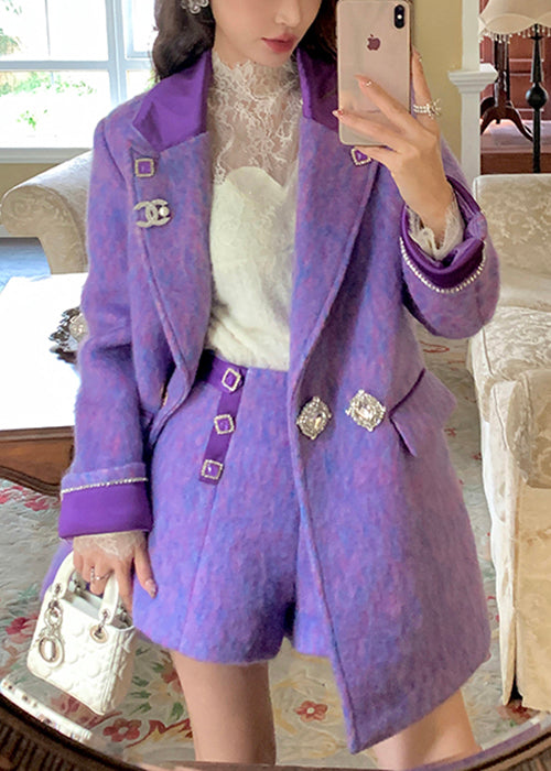 Purple Button Pockets Woolen Coat Peter Pan Collar Winter