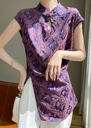 Purple Button Print Silk Blouses Stand Collar Short Sleeve