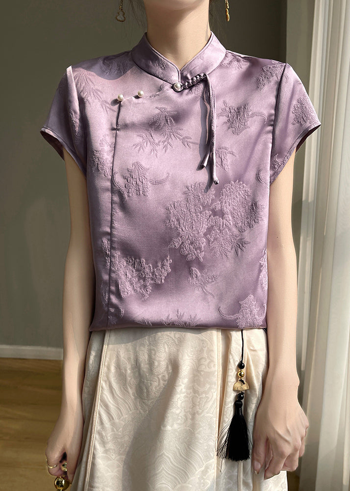 Purple Button Silk Blouses Stand Collar Short Sleeve