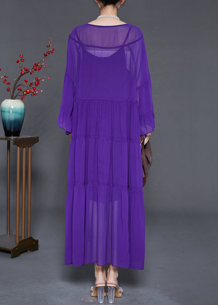 Purple Chiffon Vacation Dresses Oversized Wrinkled Flare Sleeve