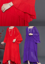 Purple Chiffon Vacation Dresses Oversized Wrinkled Flare Sleeve