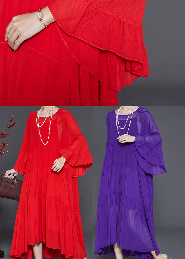 Purple Chiffon Vacation Dresses Oversized Wrinkled Flare Sleeve