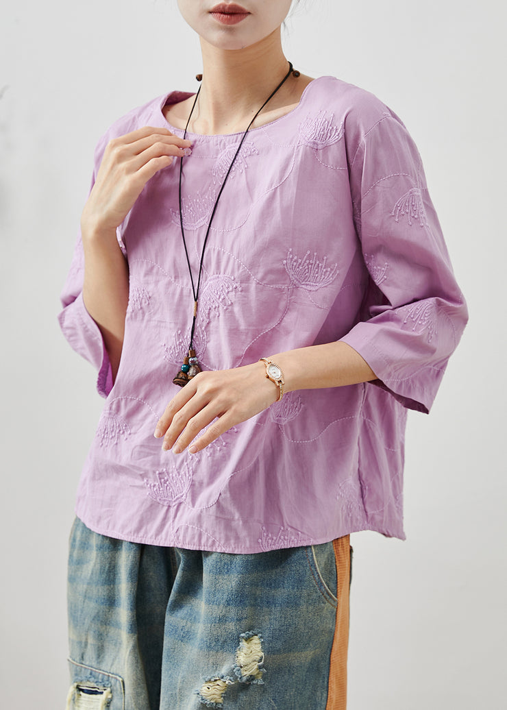 Purple Cotton Top O-Neck Embroidered Summer