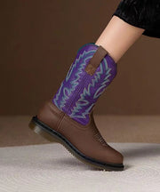 Purple Cowhide Leather Boho Embroideried Splicing Boots