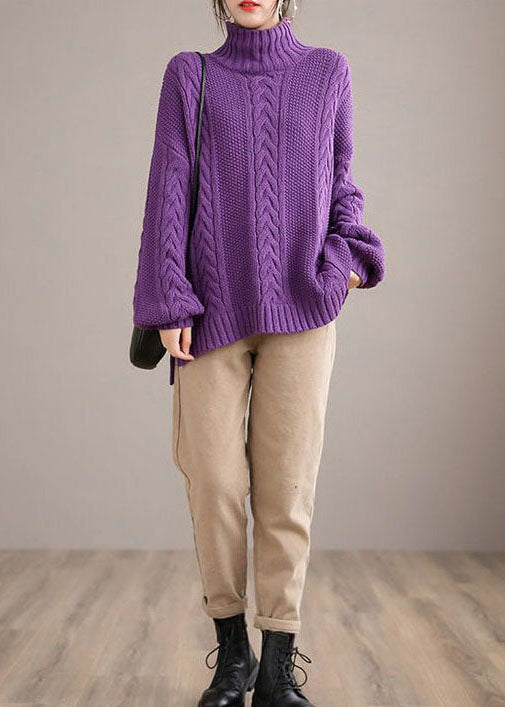 Purple Cozy Knit Sweater Tops Turtle Neck Chunky Oversized Winter