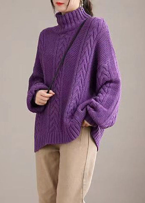 Purple Cozy Knit Sweater Tops Turtle Neck Chunky Oversized Winter