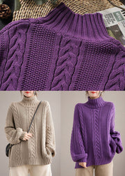 Purple Cozy Knit Sweater Tops Turtle Neck Chunky Oversized Winter