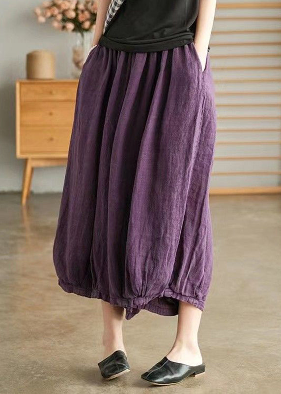 Gray Flowers Elastic Waist Linen Wide Leg Pants