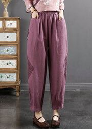 Purple Elastic Waist Pockets Patchwork Linen Harem Pants