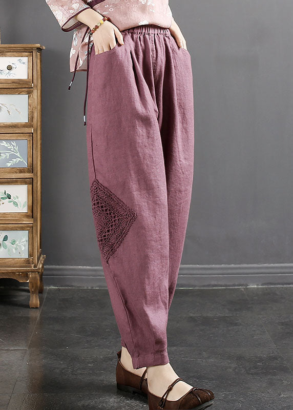 Purple Elastic Waist Pockets Patchwork Linen Harem Pants