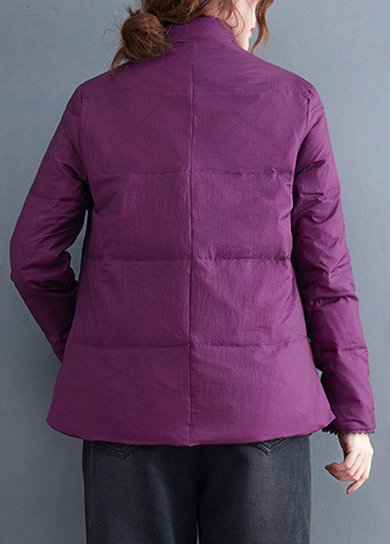 Purple Fine Cotton Filled Jackets Embroideried Stand Collar Winter