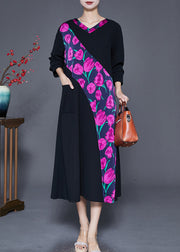 Purple Floral Cotton Dresses Oversized Patchwork Pocket Fall