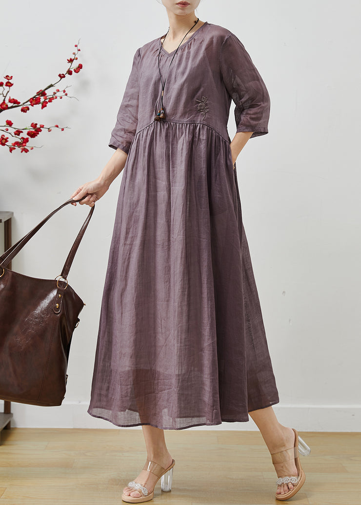 Purple Floral Linen Long Dress Embroidered Bracelet Sleeve