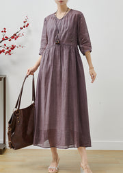 Purple Floral Linen Long Dress Embroidered Bracelet Sleeve