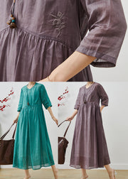 Purple Floral Linen Long Dress Embroidered Bracelet Sleeve