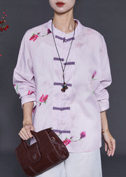 Purple Floral Linen Shirts Chinese Button Summer