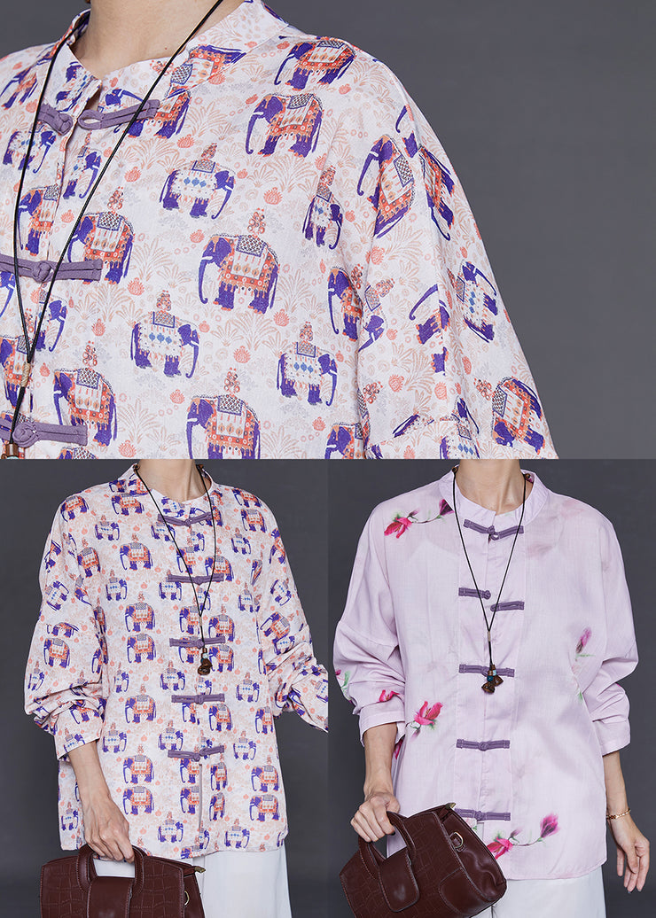 Purple Floral Linen Shirts Chinese Button Summer