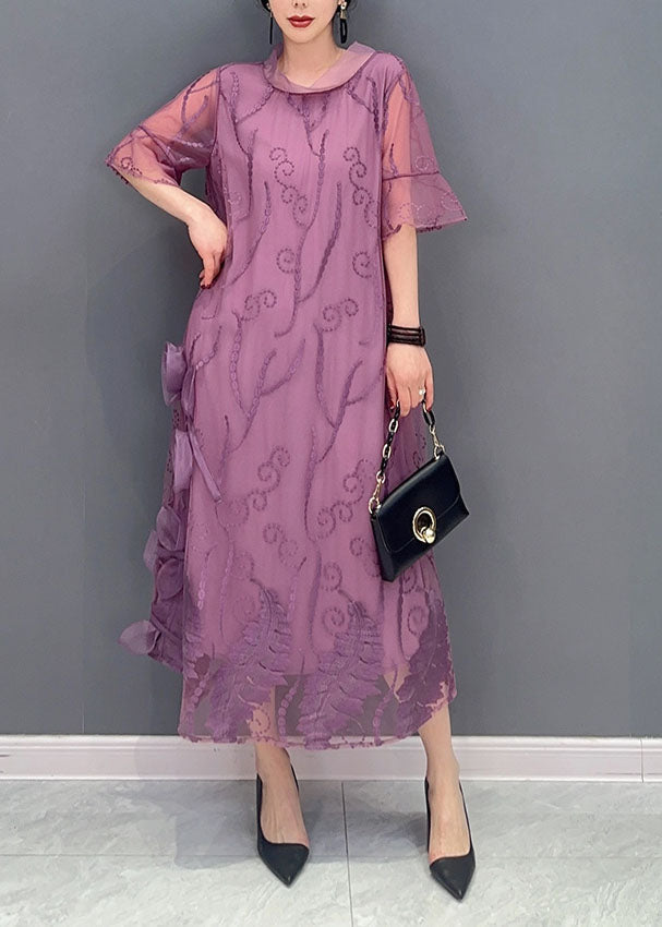 Purple Floral Tulle Long Dress Embroideried Summer