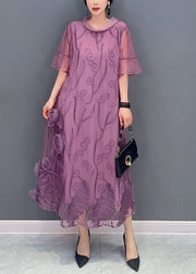 Purple Floral Tulle Long Dress Embroideried Summer