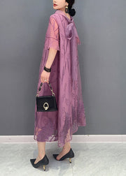 Purple Floral Tulle Long Dress Embroideried Summer