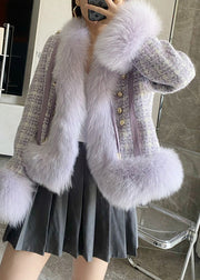 Purple Faux Fox Collar Button Leather And Fur Coat Winter