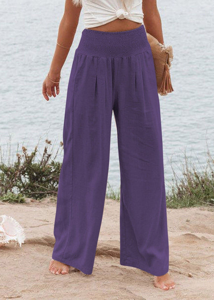 Purple High Waist Elastic Waist Linen Long Pants