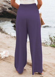 Purple High Waist Elastic Waist Linen Long Pants