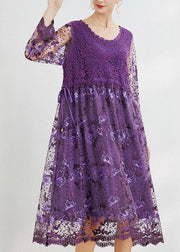 Purple Hollow Out Lace Patchwork Maxi Dresses O Neck Spring