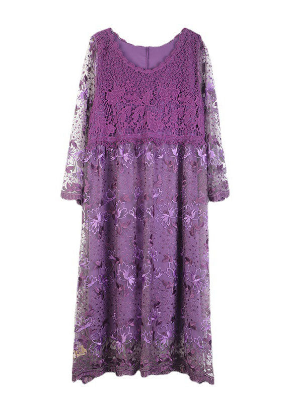 Purple Hollow Out Lace Patchwork Maxi Dresses O Neck Spring