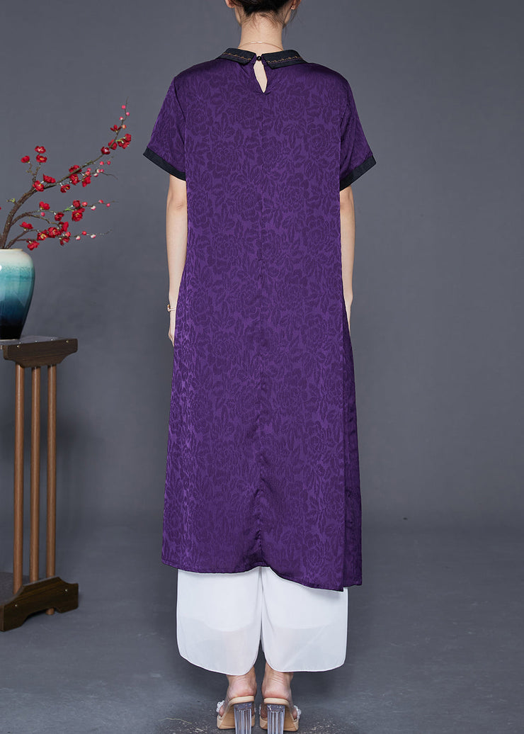 Purple Jacquard Silk Long Dress Oversized Turn-down Collar Summer