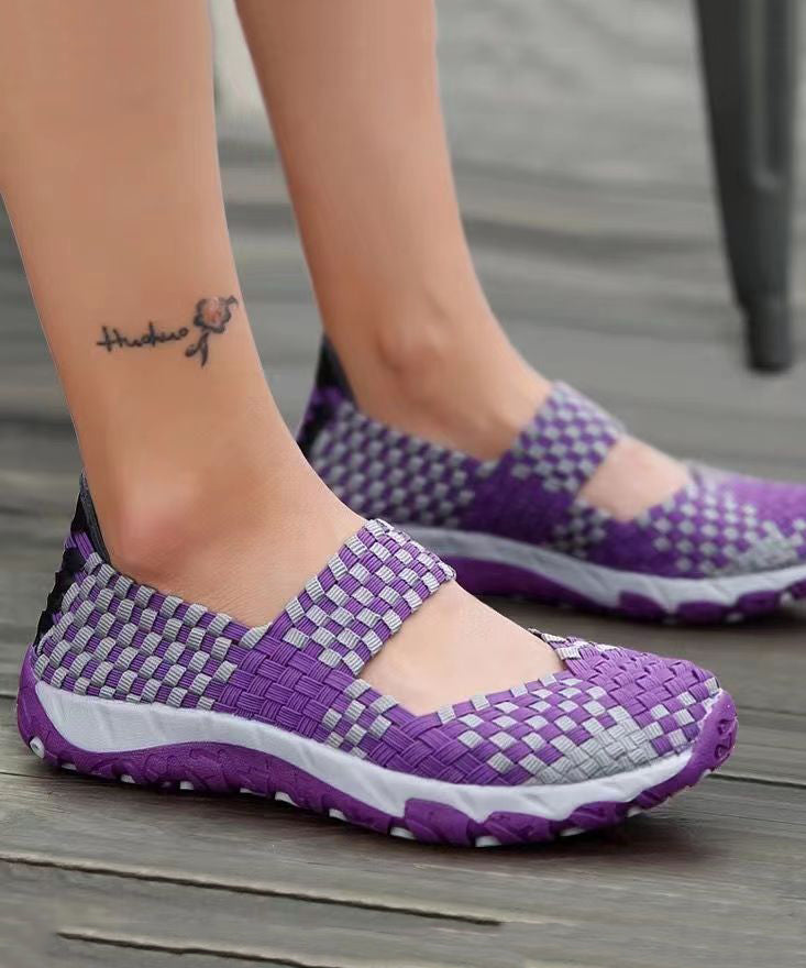 Purple Knit Fabric Handmade Splicing Flat Shoes For Women