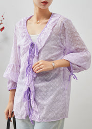 Purple Lace Shirt Tops Embroidered Ruffles Spring