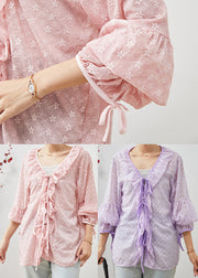 Purple Lace Shirt Tops Embroidered Ruffles Spring