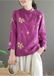 Purple Linen Chinese Style Blouses Embroideried Oriental Button Long Sleeve