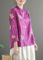 Purple Linen Chinese Style Blouses Embroideried Oriental Button Long Sleeve