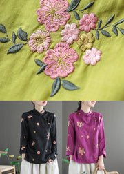 Purple Linen Chinese Style Blouses Embroideried Oriental Button Long Sleeve