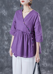 Purple Loose Cotton Blouses V Neck Ruffled Half Sleeve