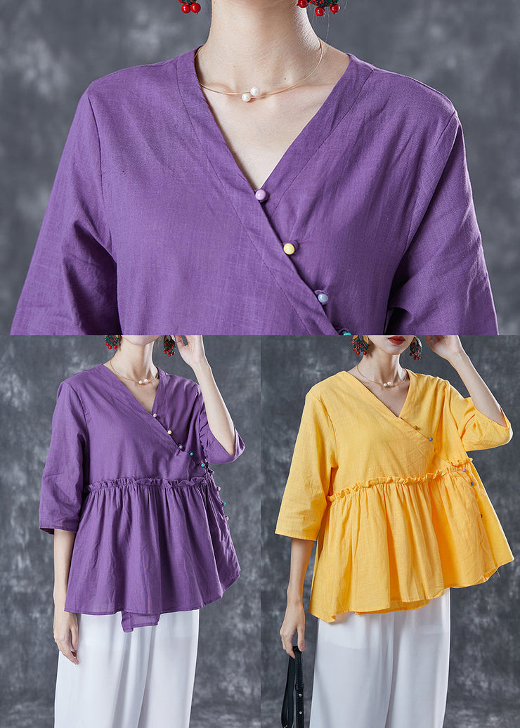 Purple Loose Cotton Blouses V Neck Ruffled Half Sleeve