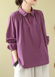 Purple Loose Cotton Shirts Peter Pan Collar Button Fall