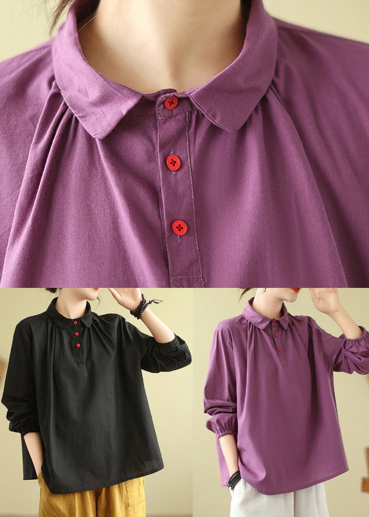 Purple Loose Cotton Shirts Peter Pan Collar Button Fall