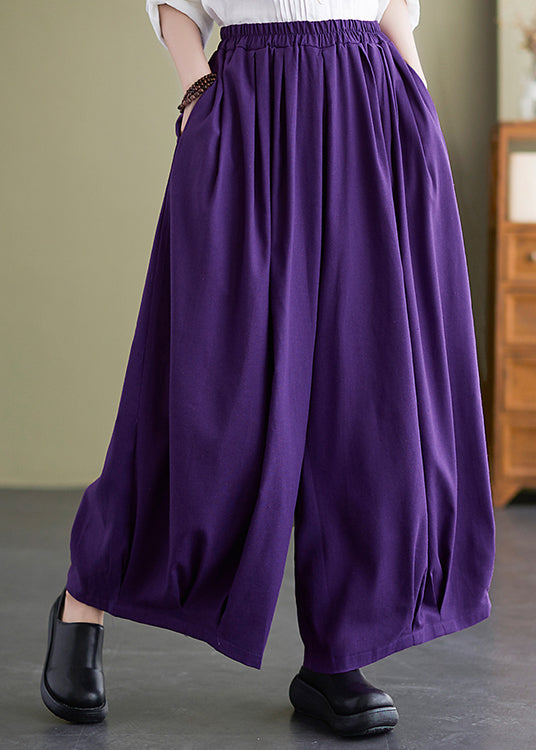 Purple Loose Cotton Wide Leg Pants Elastic Waist Summer