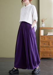 Purple Loose Cotton Wide Leg Pants Elastic Waist Summer