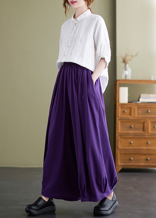 Purple Loose Cotton Wide Leg Pants Elastic Waist Summer