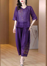 Purple Loose Linen Two Piece Suit Set Embroidered Half Sleeve