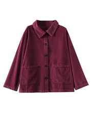 Purple Loose Pockets Shirt Top Long Sleeve Corduroy Coat - bagstylebliss