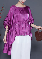 Purple Loose Silk Blouses O-Neck Low High Design Summer